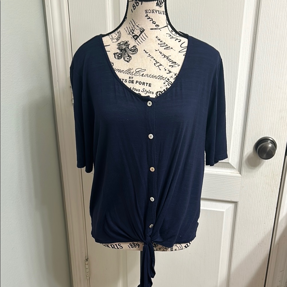Kim  Cami Navy Blue Short Sleeve Buttoned Tie Front Blouse